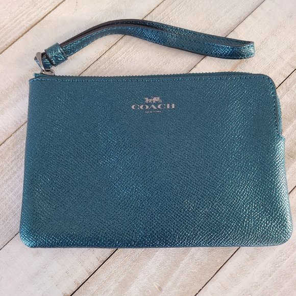 Coach Handbags - Coach Zippered Wristlet Leather Metallic Teal Blue Turquoise